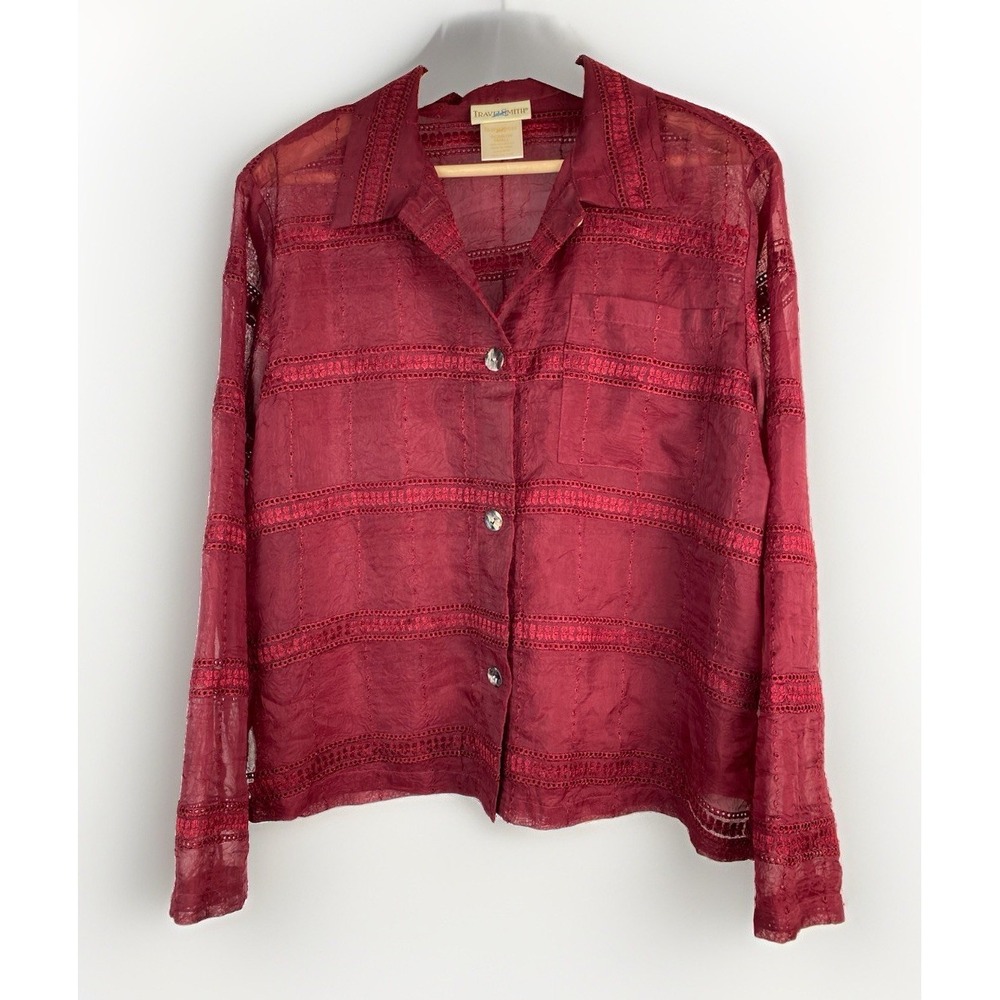 TravelSmith Women's S Sheer Embroidered Boxy Long Sleeve Button Up Shirt